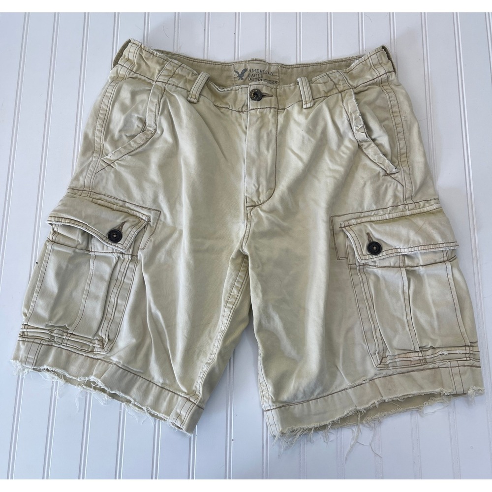 American Eagle Outfitters Mens 34 Cargo Shorts Tan Khaki Distressed Frayed Hem